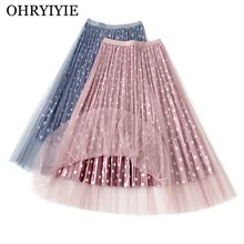 Ohryiyie бархатные тюлевые женские юбки в горошек осень зима милый с высокой талией Женская плиссированная юбка элегантные длинные вечерние юбки