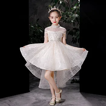 

Korean Sweet Baby kids Elegant Tassel Sequined Design Birthday Holiday Party Front Short Back Long Dress Little Girls Host Dress