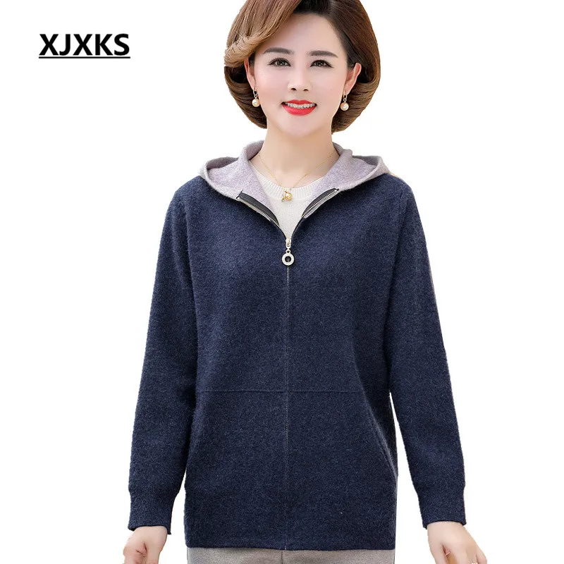 

XJXKS Fashion hooded women sweater coat 2019 autumn winter new plus size high quality cashmere knitted jacket women sweater