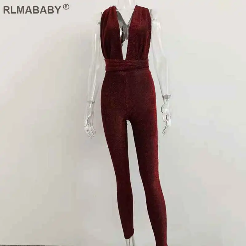 Red RLMABABY, блестящий глубокий v-образный вырез, открытая спина, бандажный комбинезон, женский комбинезон, тонкий, без рукавов, для клуба, Облегающий комбинезон, сексуальный женский комбинезон - Цвет: Red