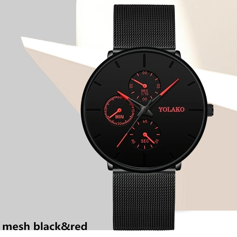 M black red Модные мужские часы минималистичные Роскошные ультра тонкие наручные часы из нержавеющей стали с сетчатым ремешком аналоговые кварцевые часы Relojes Hombre - Цвет: M black red