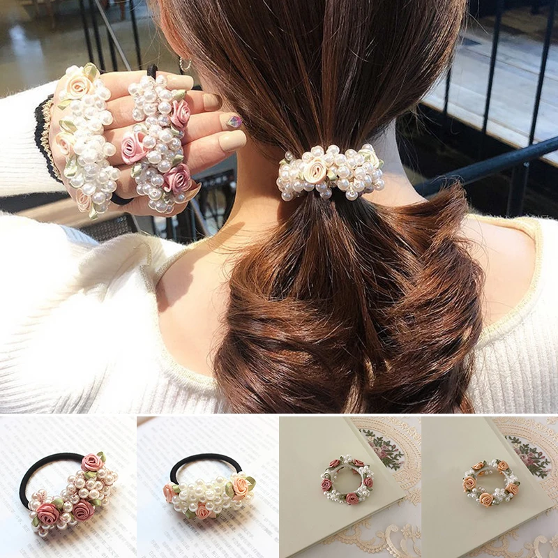 Pearls Beaded Flower Hairband Women Sweet Elastic Rubber Band Ponytail Holder Girl Colorful Hair Rope Accessories |