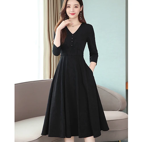 Винтажные черные однотонные миди платья с длинными рукавами Осень Зима 2XL плюс размер женское облегающее платье элегантные вечерние платья - Цвет: Черный