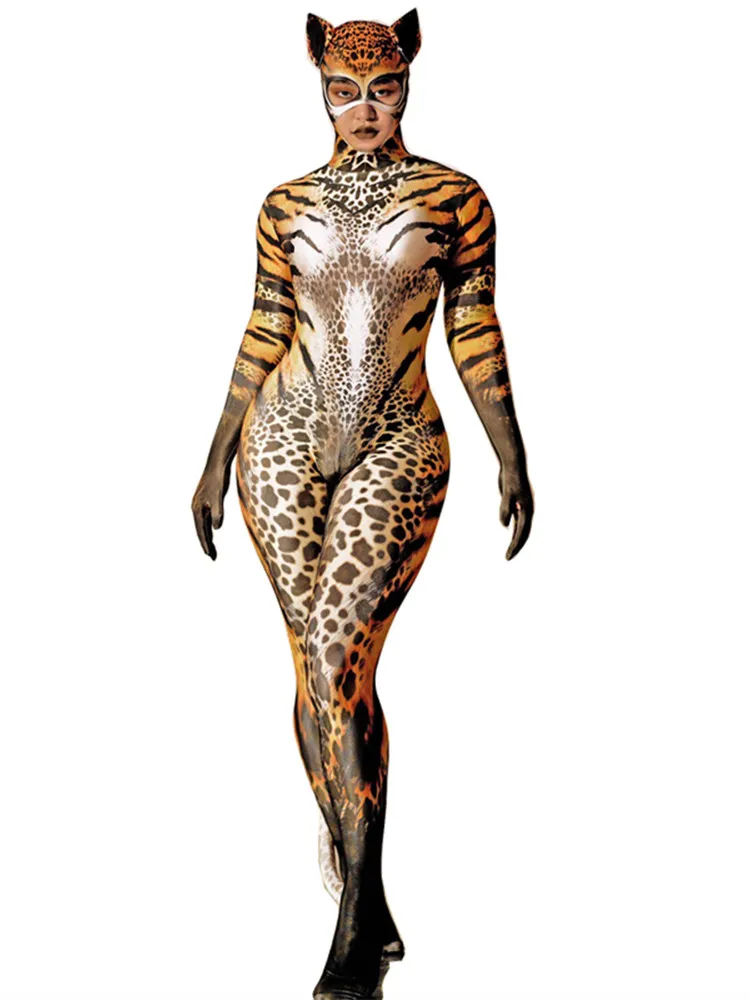 Full Cover Jumpsuit Spandex Stretch Skinny Bodysuit Women Rave Party Cat Cosplay Costume Party Show Nightclub Dancer Stage Wear