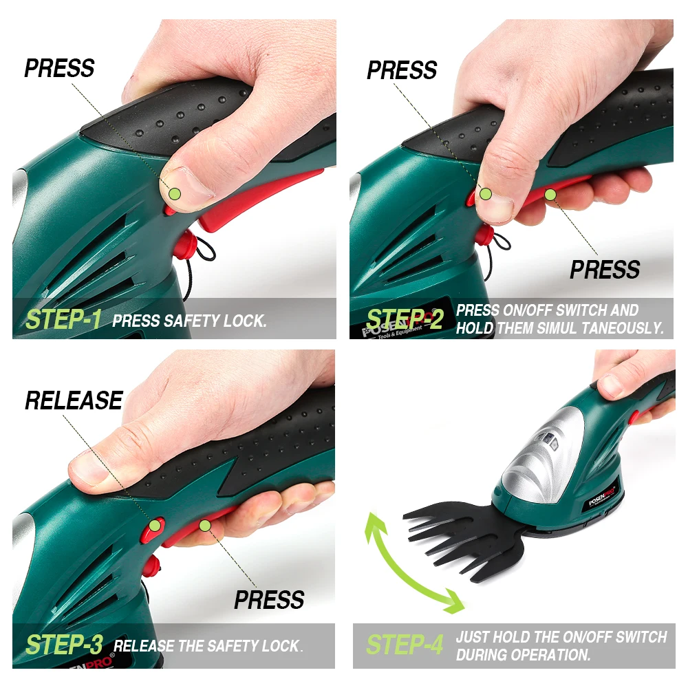 7.2V Pruning Shears 2in1 Cordless Grass Hedge Trimmer Battery Rechargeable Shear Hedger PGHT7.2 Cordless Garden Tool POSENPRO 4