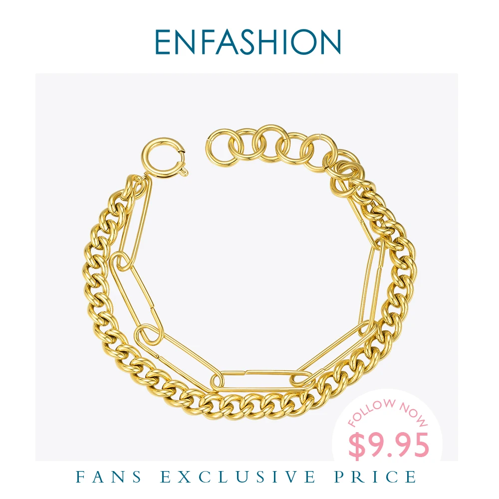 

ENFASHION Punk Double Link Chain Bracelet Men Stainless Steel Gold Color Femme Bracelets For Women Fashion Jewelry Gifts B192073