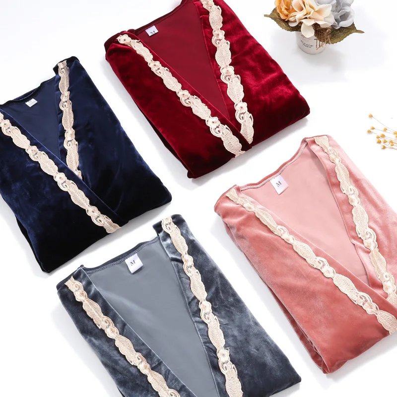 4 шт. Женский бархатный пижамный комплект с поясом|Комплекты халатов и сорочек| |