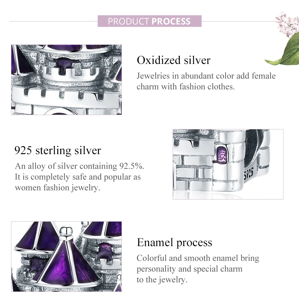 BISAER Подлинная 925 пробы Серебряная Принцесса Подвески в виде замка королева Замок бусины подходят браслеты Фиолетовый Эмаль серебряные ювелирные изделия EFC122