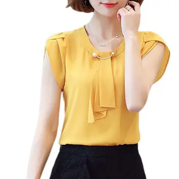 

Women Short Sleeve Chiffon Shirt Office Ladies O Neck Slim Blouses Shirts