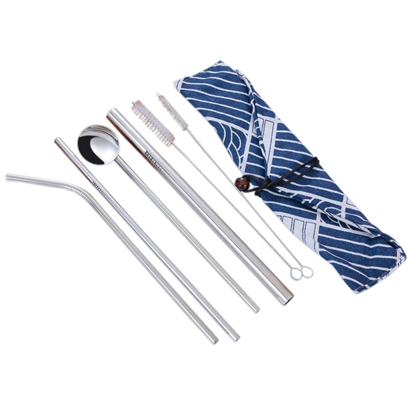 Friendly 6pcs Stainless Drink Straws Set With Cloth Pack Cutlery+2pcs Cleaner Brush Reusable Straw Bar Accessories