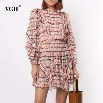 

VGH Bohemian Hit Color Dress For Women Stand Collar Lantern Sleeve High Waist Striped Dresses Female 2020 Fall Fashion New Tide