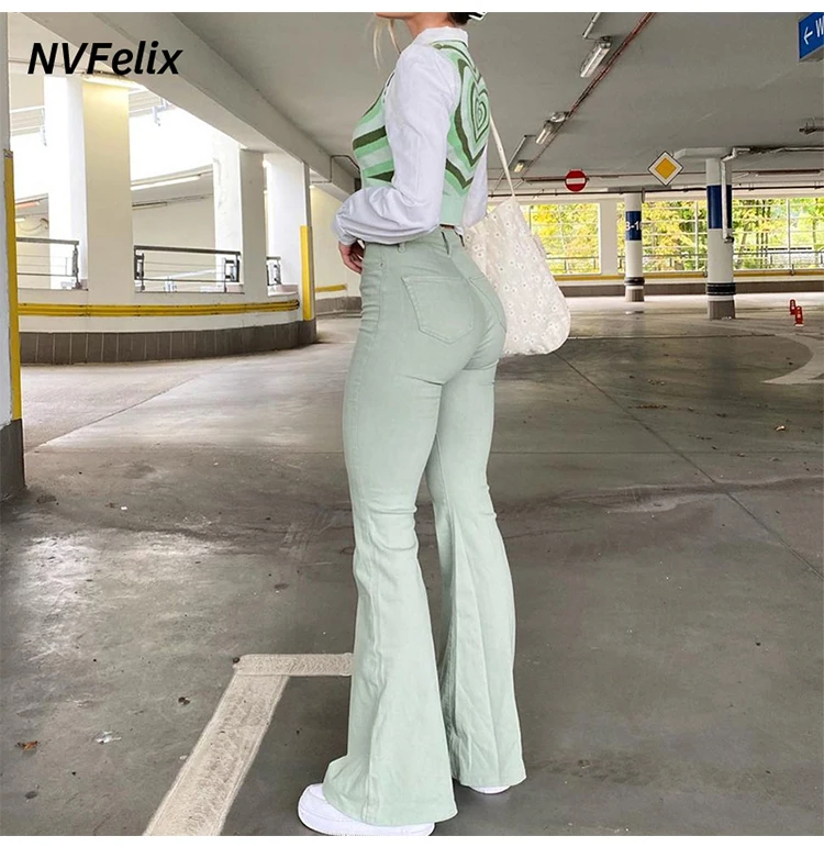 womens clothing Women Flare Jeans Pants Button Down Pants Zipper Stretch Jeggings Elastic Denim Cut Leggings Bootcut Casual Fashion Trousers New white jeans