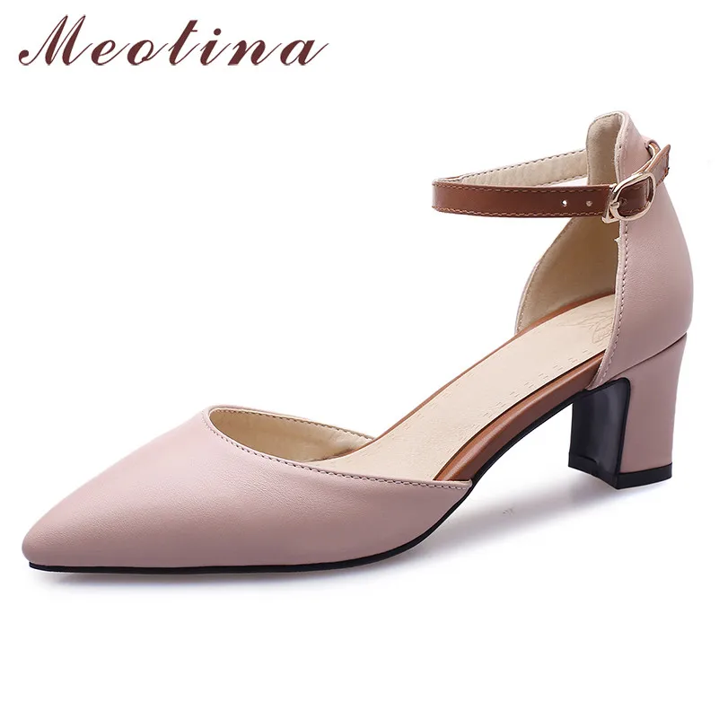 

Meotina High Heels Women Pumps Buckle Thick High Heels Ankle Strap Shoes Mixed Colors Pointed Toe Party Shoes Lady Plus Size 46