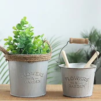 

Pastoral Handmade Hemp Rope Tin Bucket Succulent Flower Pot Planting Barrel Retro Flower Pot Balcony Garden Flower Pots