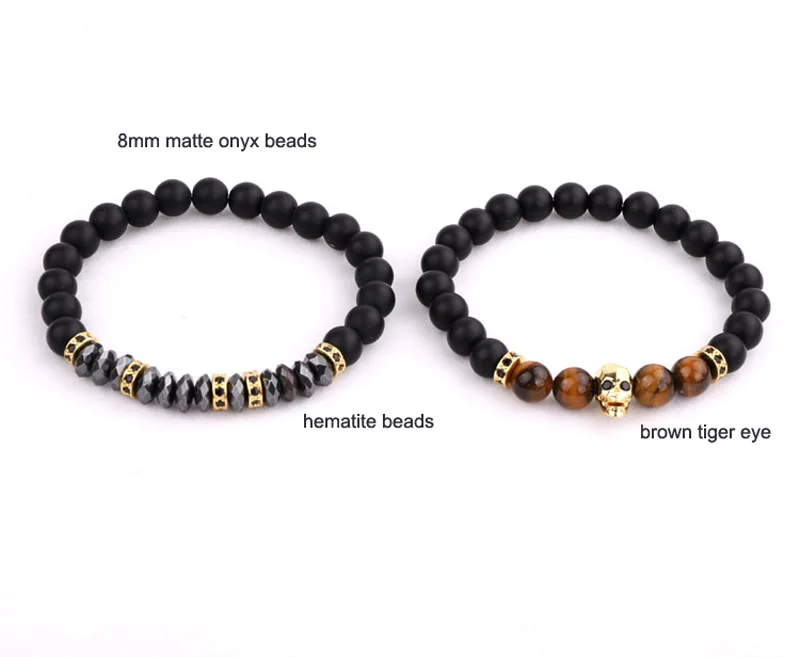 Jewelry factory selling fashion design matte onyx tiger eye CZ skull charm beaded bracelet men jewelry - Image 5