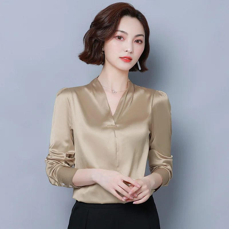 

2019 Autumn New Arrival High Quality OL Style V Collar Solid Color Long Sleeve Woman Chiffon Blouse Plus Size M-3XL