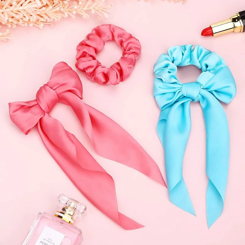 YBLNTEK Bow Streamers Hair Ring Girl Elastic Hair Bands Scrunchies Horsetail Tie Solid Headwear Ribbon Hairband Hair Accessories