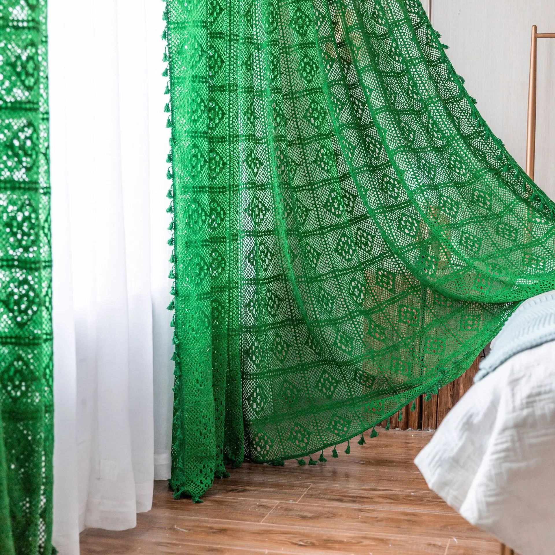 YvonickyCottonCurtainsforBedroomGreenLaceCurtainDrapesforWindowPinkKnittedCurtain