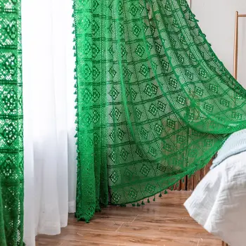

Yvonicky Cotton Curtains for Bedroom Green Lace Curtain Drapes for Window Pink Knitted Curtain with tassels for Living Room Cafe