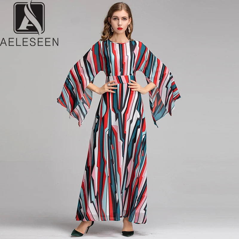 AELESEEN Осенние новые модные полосатые платья с принтом женские разноцветные многоцветные полосы элегантные расширяющиеся к низу рукава длинное платье с поясом