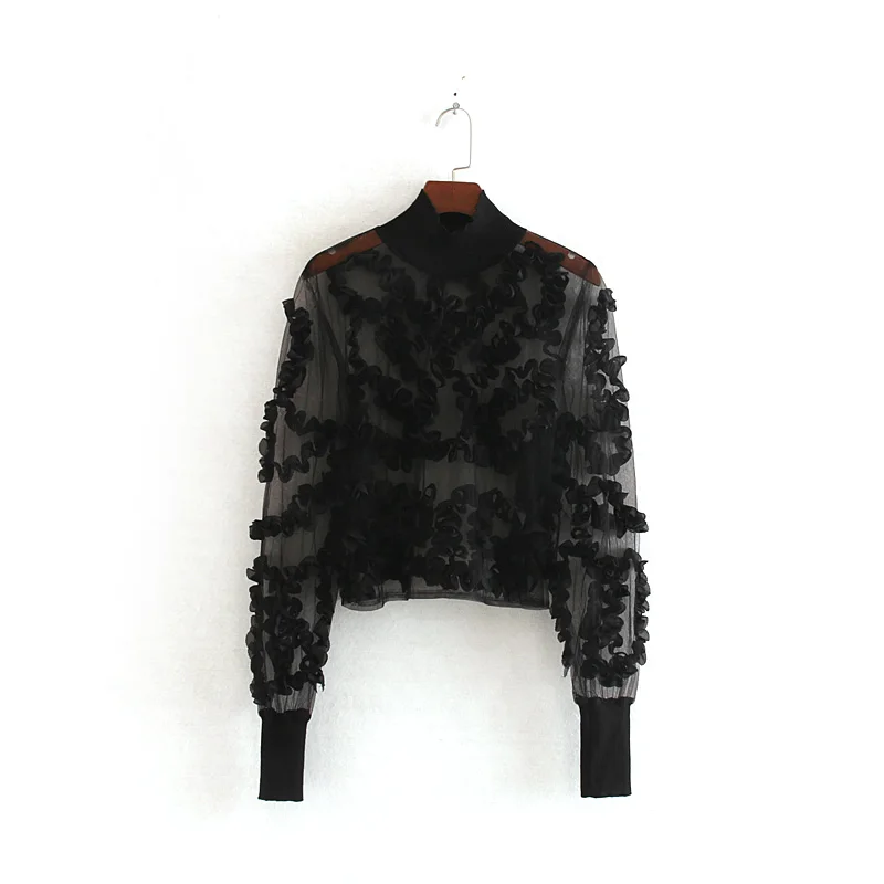 2019 za Женская мода SEMI SHEER контрастный Топ с длинным рукавом высоким воротом