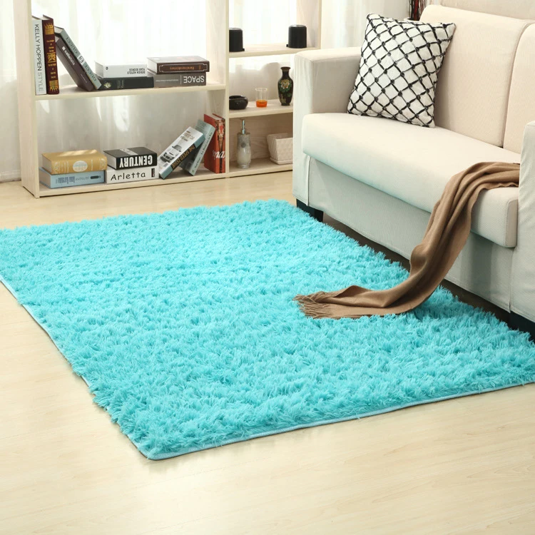 New 16 Color washed silk hair non-slip carpet living room coffee table blanket Bedroom bedside mat yoga rugs solid color plush - Color: Sapphire blue