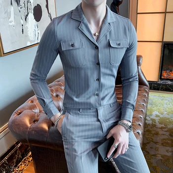 

2020 New Suit Men Stripe Mens Suits with Pants Designers Set Casual Slim Fit Tuxedo Costume Mariage Homme Terno Masculino