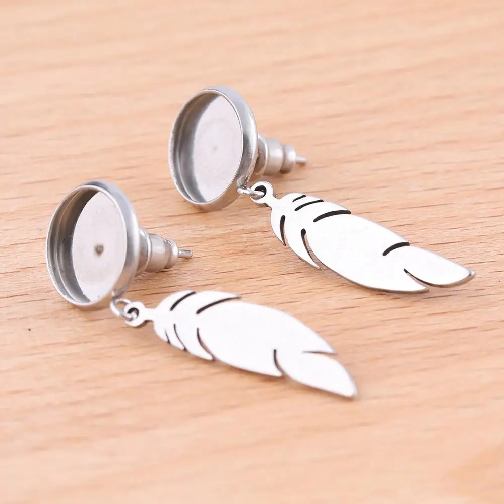 10pcs Stainless Steel Earring Findings Fitting 10mm Cabochon Stud Earrings Base Blank Bezel Settings with feather charm