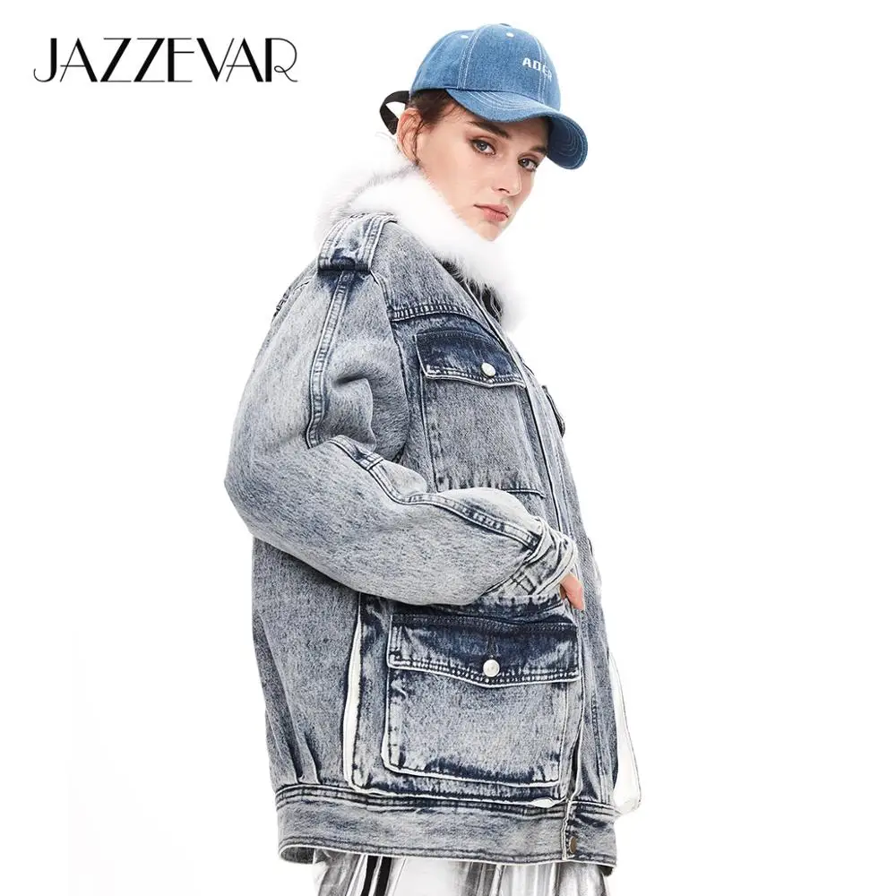 JAZZEVAR Зима Новое поступление Женская куртка высокого качества с мехом модная свободная одежда Верхняя одежда Джинсовая куртка womenW9083-1