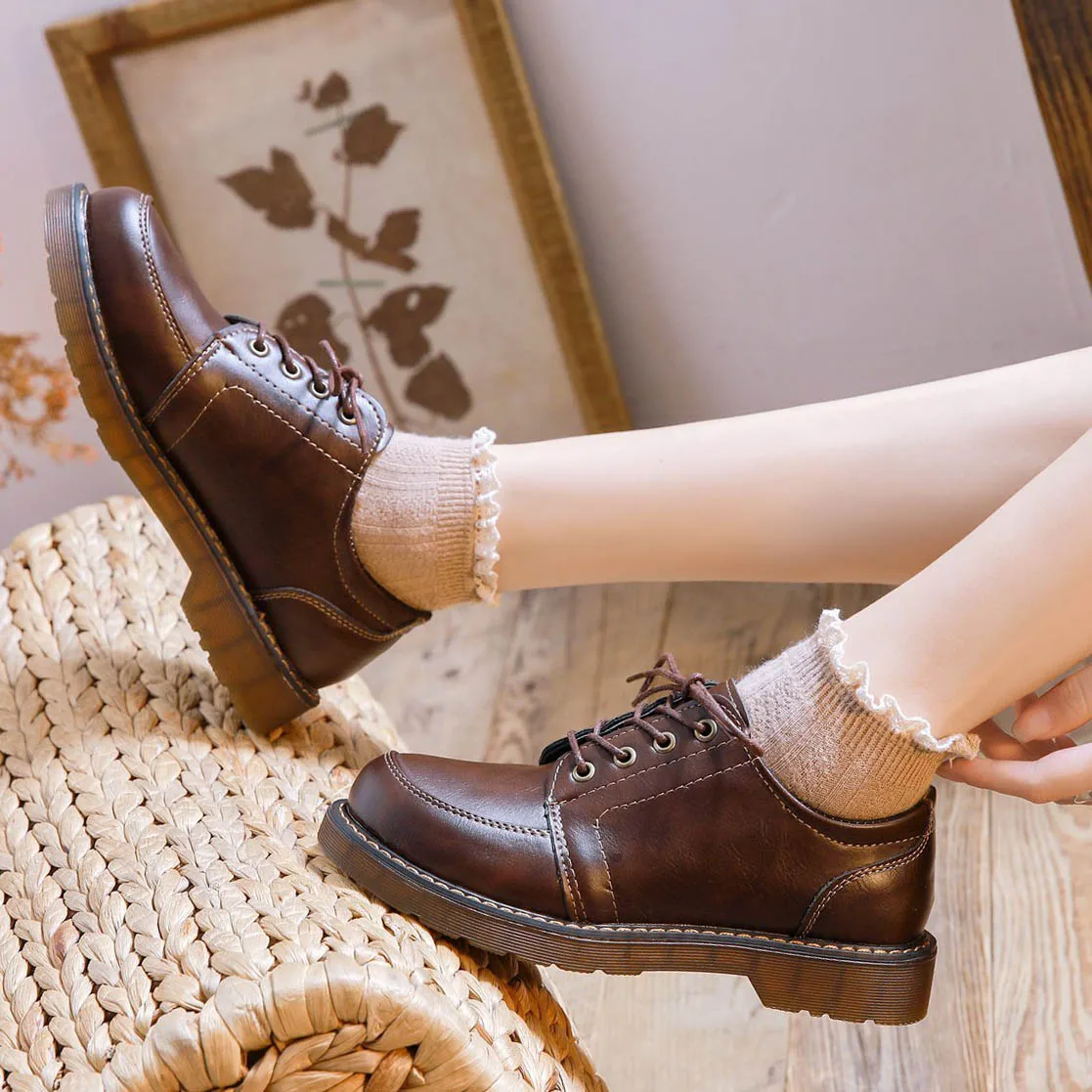 Oxfords-zapatos de piel sintética para mujer, calzado sólido con punta redonda, costura, cómodo, 2021
