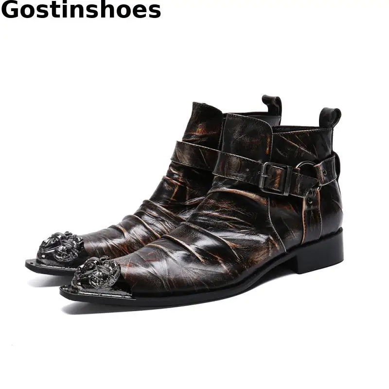 

Boutique Genuine Leather Boots Men Pleated Leather Men Short Boots Metal Captoe Head Buckle Strap Side Zip Ankle Boots Slip On
