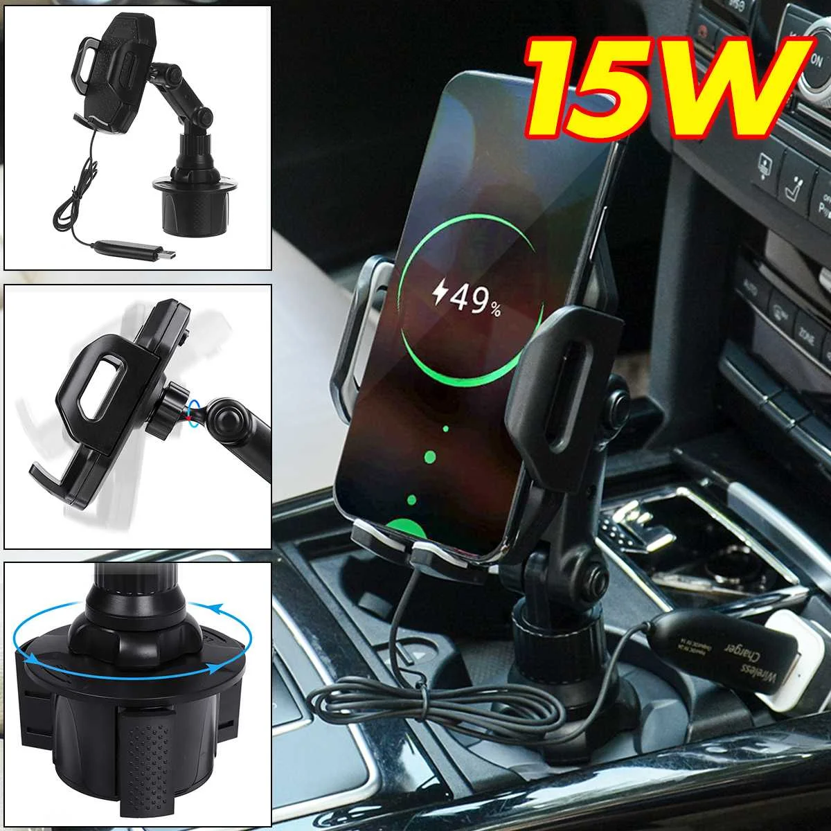 15W Universal Car Cup Drinks Holder Mount Adjustable Wireless Charging