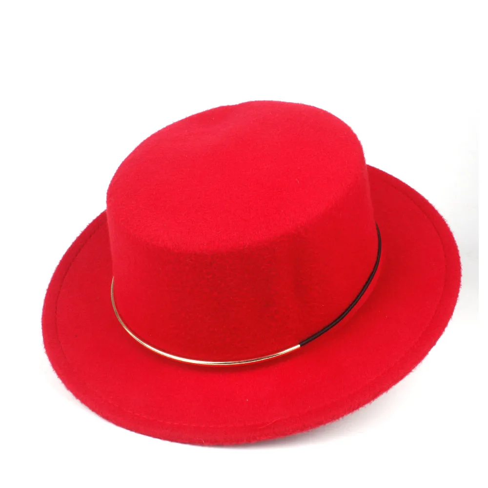 Red Мужская и Женская Шляпа Fedora на плоской подошве, зимняя Уличная Повседневная шапка для танцев и вечеринок, шапка для элегантной леди, размер 56-58 см - Цвет: Red