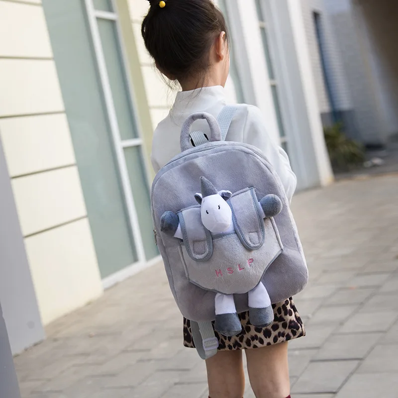 Детский плюшевый рюкзак с изображением животных, фламинго единорог, мини-сумка, полиэстер, съемный плюшевый рюкзак, Детская сумка для мальчиков и девочек - Цвет: Серый