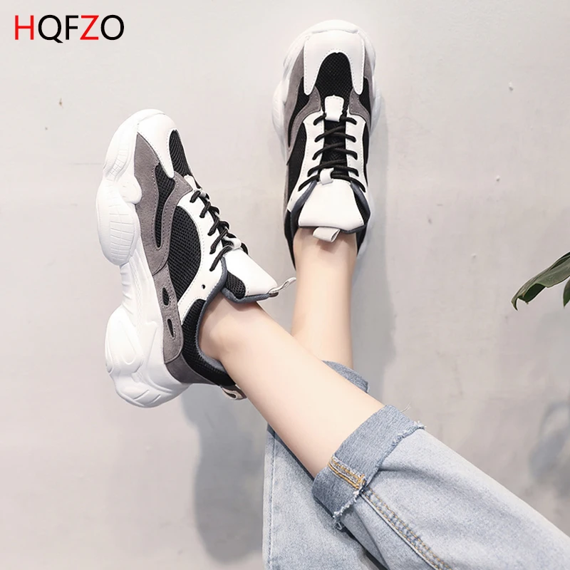 HQFZO Women Comfortable Sneaker Cushioning Chunky Running Shoes Tenis Feminino Fashion Lace-Up White Sport Shoes Women