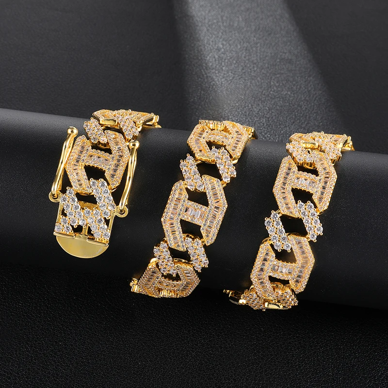 Hip Hop 15MM Heavy Miami Baguette Zircon Iced Out Cuban Link Necklace AAA CZ Prong Setting Necklaces Hip Hop Jewelry 18'' 24''