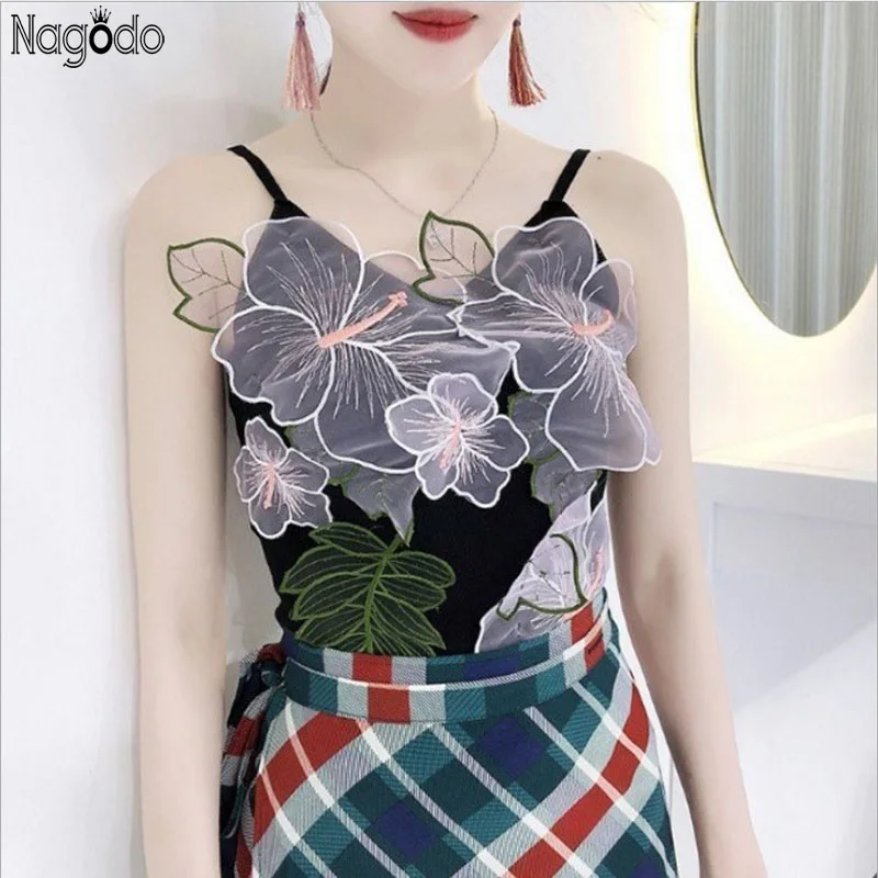

Nagodo Embroidery Crop Tops 2020 Summer Sweet Organza Knitting Flower Tank Top Suspender Streetwear Festival Haut Femme Camis