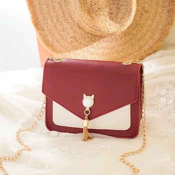 

Fashion cat ear pearl tassel hit color small square bag chain single shoulder female bag messenger mobile phone coin purse