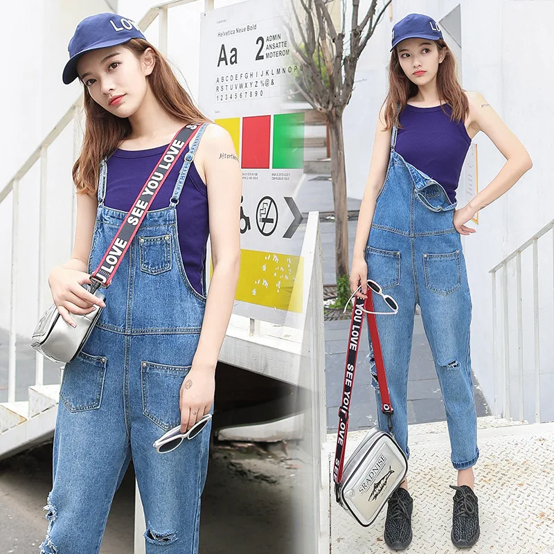 Fashion Denim Romper Womens Jumpsuit Loose One Piece Jumpsuit Ankle- Length Pants Jean Overalls