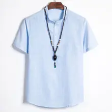 Мужская льняная рубашка с коротким рукавом и стоячим воротником