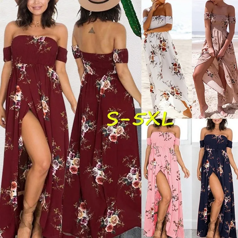 

S-5XL Women s Elegance Boho Wrap Chest Off Shoulder Strapless Loose Summer Floral Print Slit Party Beach Maxi Dress