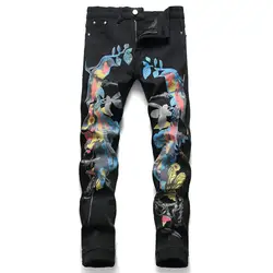 ABOORUN мужские джинсы с принтом в стиле хип-хоп, черные Стрейчевые узкие джинсы для ночного клуба, новинка 2019, модные прямые джинсы для мужчин