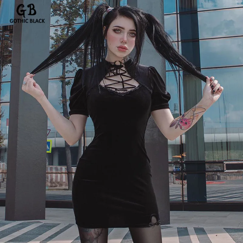 Женские облегающие платья Goth черные мини-платья с о-вырезом и коротким рукавом на