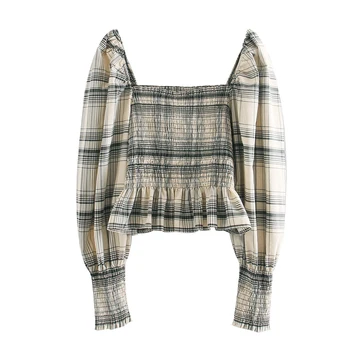 

2020 Za New Casual Fashion Lady Female Women Women's clothes Striped checkered striped stretch pleated sexy top