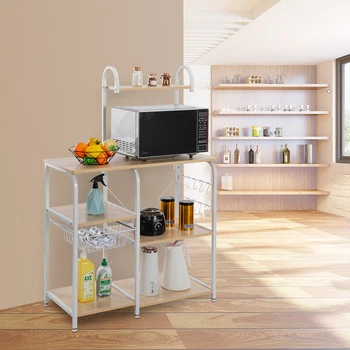 

4-layer Kitchen Microwave Oven Rack Iron Frame Rounded Corners With 10 Little Hooks Simple Fashion High-quality Home Organizer