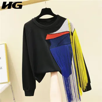 

HG Patchwork Hit Color Tassel Sweatshirt Women 2020 Autumn Casual Fashion New Style Temperament All Match Women Clothes ZY1608