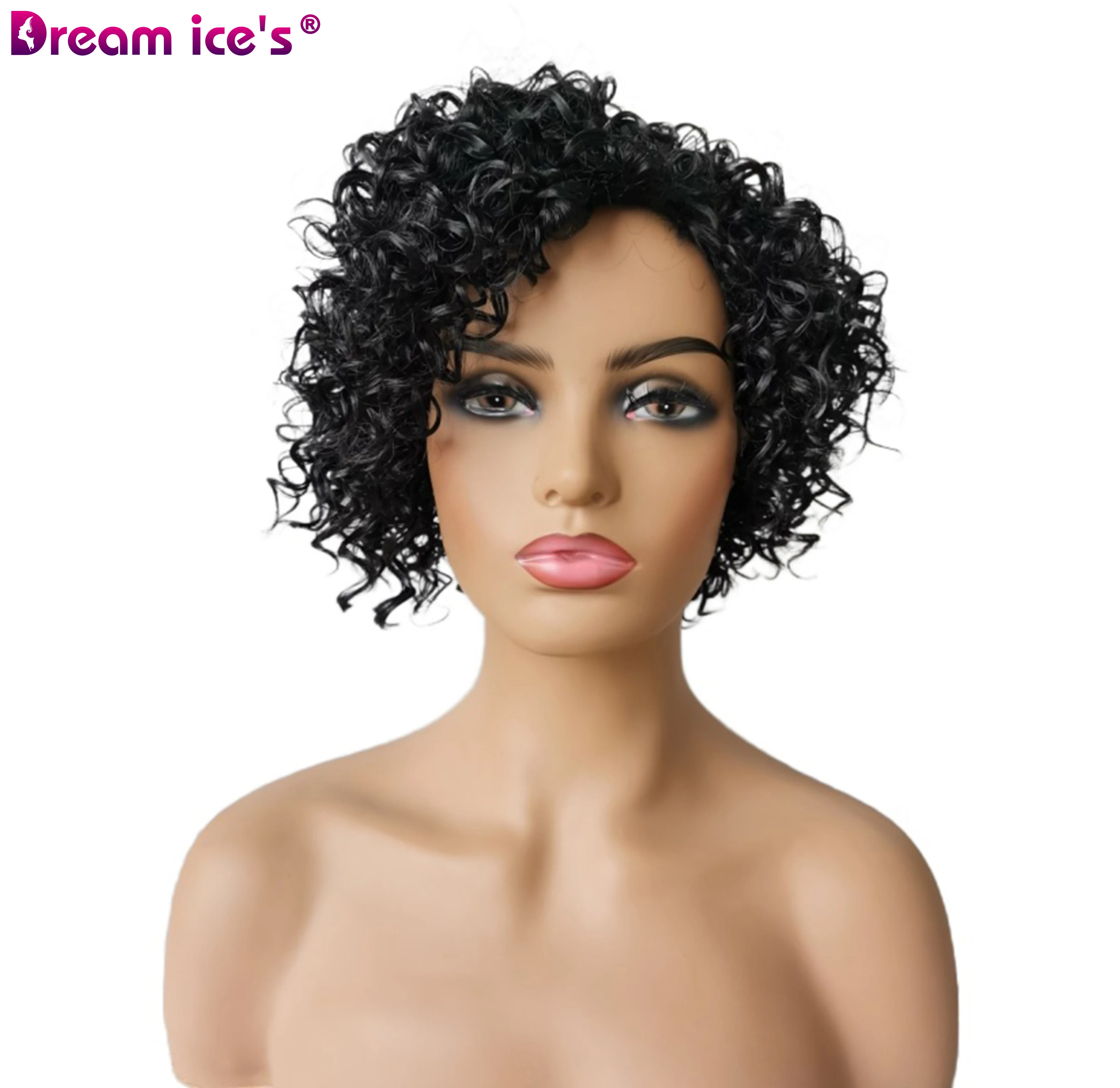 Curtos para Preto Fibra de Alta Peruca de Cabelo Perucas Encaracolado Kinky Sintéticas Feminino Temperatura Mistura Humana Jovem Menina Diária Cosplay Sonho Gelo 2 Apliques e perucas