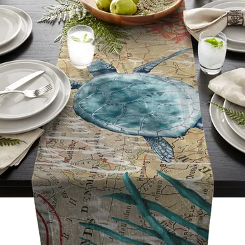

Nautical Theme Sea Turtle Retro Map Modern Table Runner For Wedding Party Chirstmas Floral Tablecloth Home Decoration