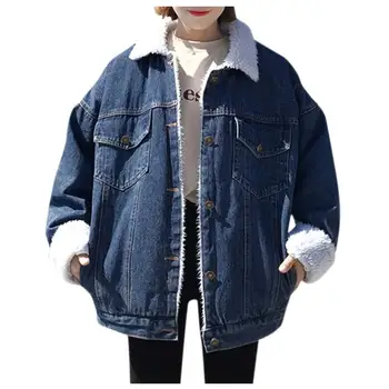 

Women Autumn Winter Denim Turn-down Collar Pockets Warm Jacket Female Vintage Long Sleeve Loose Jeans Thicken Coat Clothes