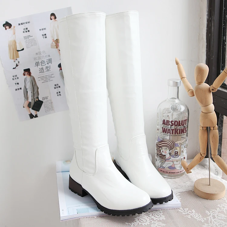 Большие размеры 9, 10, 11-16, ботинки женские зимние ботинки женская обувь botas/Яркая кожаная обувь с круглым носком и квадратным каблуком - Цвет: Белый